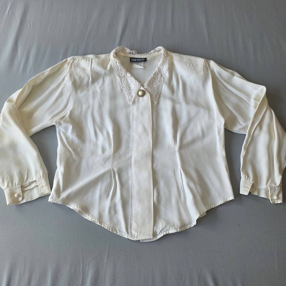 Vintage Hot Stuff Blouse Womens Small Cream Crochet Lace Secretary Career‎